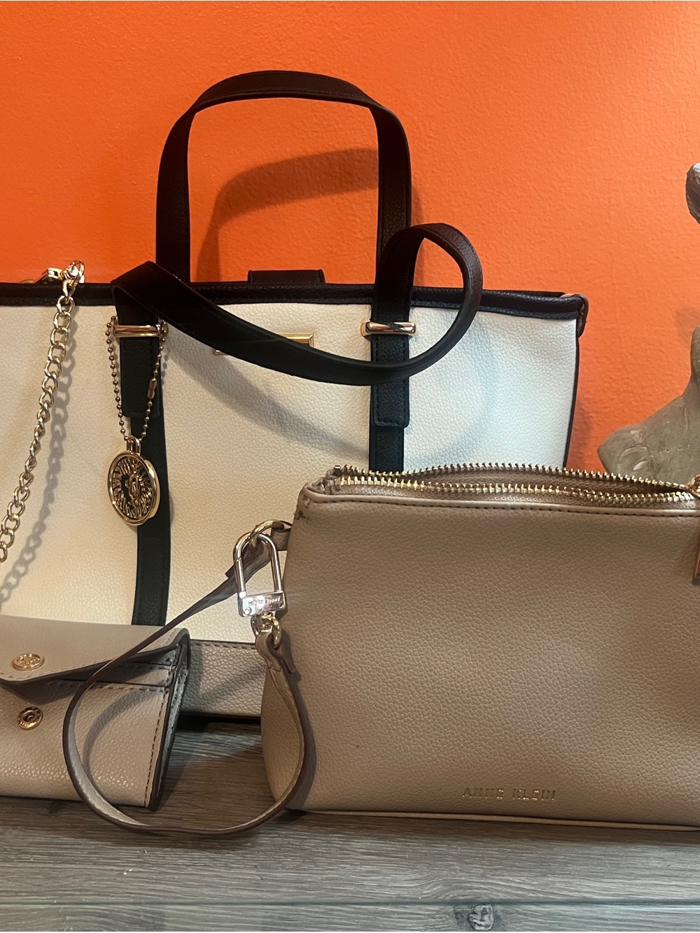 Anne Klein Cream and Taupe Tote with Beige Crossbody Trio